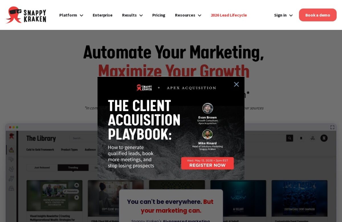 Snappy Kraken homepage — B2B marketing automation for financial advisors