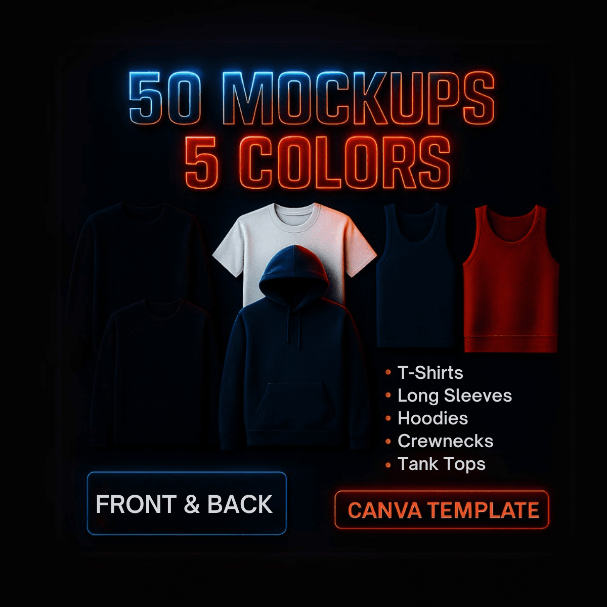 50 Premium T-Shirt Hoodie Crewneck Tank Top Clothing Mockup Templates – Complete 5-Color Canva Bundle