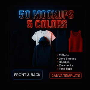 50 Premium T-Shirt Hoodie Crewneck Tank Top Clothing Mockup Templates - Complete 5-Color Canva Bundle