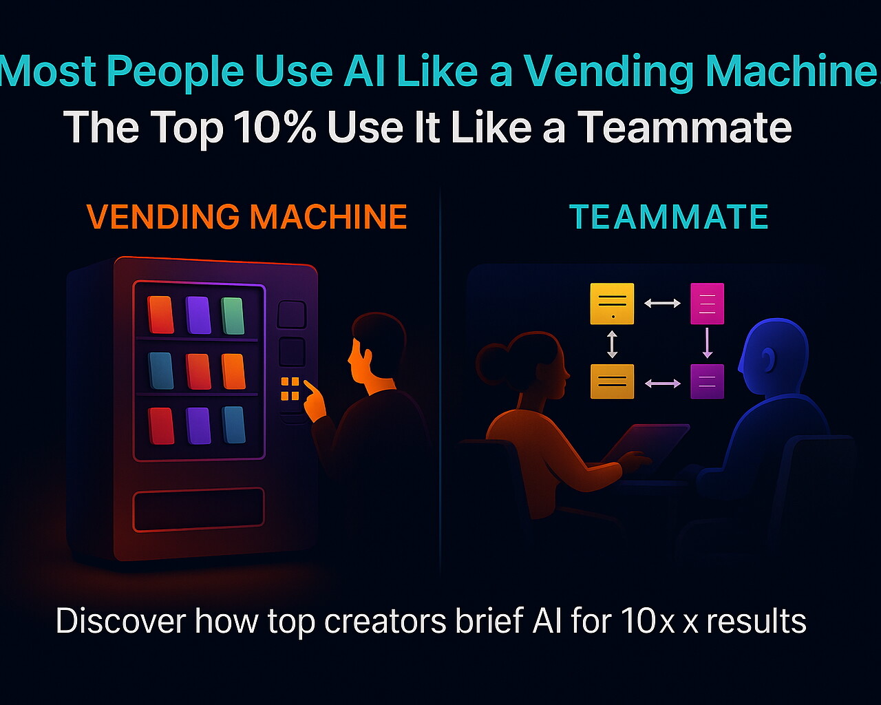 🚀 Most People Use AI Like a Vending Machine. The Top 10% Use It Like a Teammate. 8 - Jackai Agency The #1 Graphic Design Agency For E-Commerce Businesses Infographic comparing AI usage as a vending machine vs a creative teammate