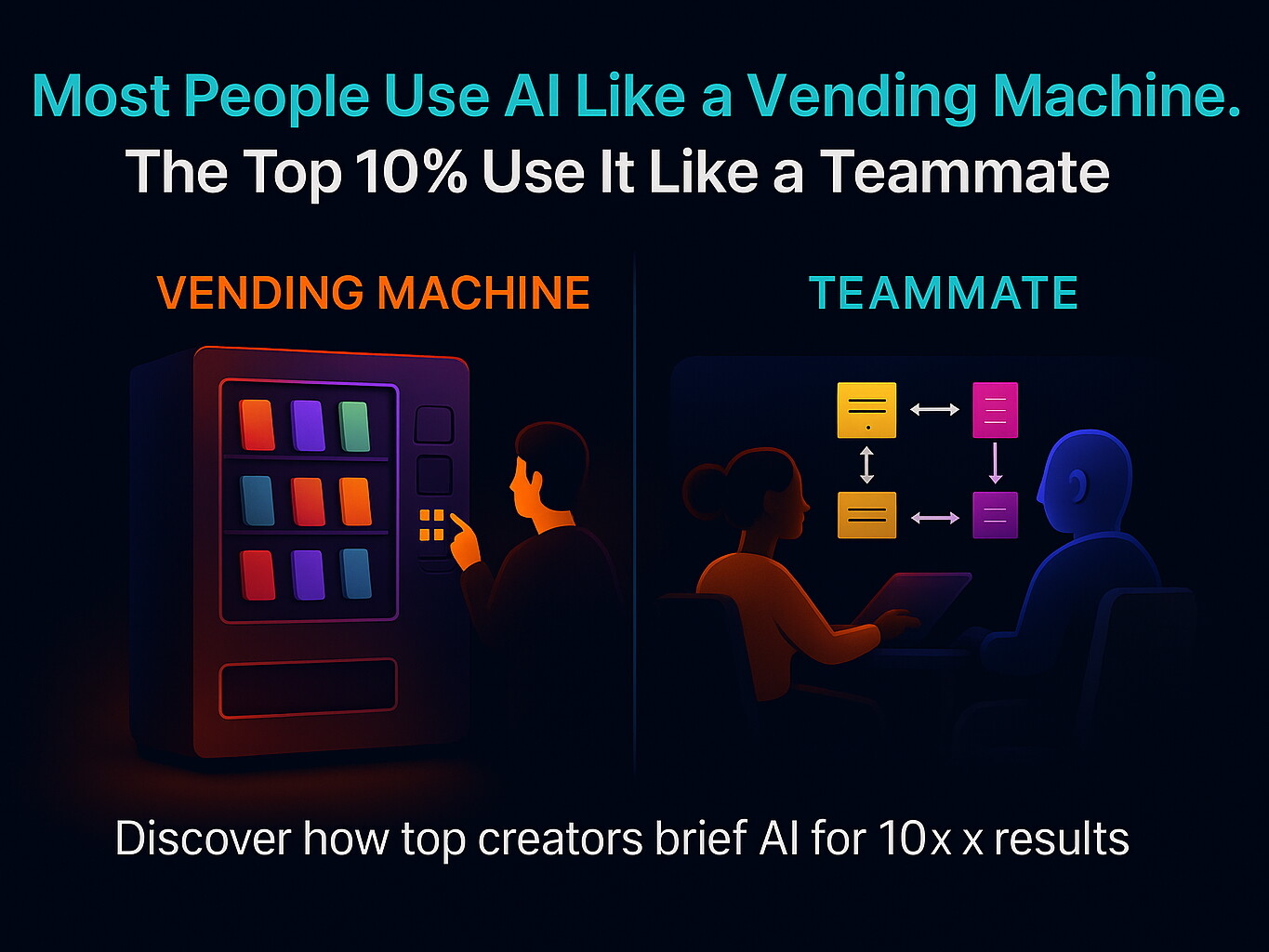 🚀 Most People Use AI Like a Vending Machine. The Top 10% Use It Like a Teammate. 1 - Jackai Agency The #1 Graphic Design Agency For E-Commerce Businesses Infographic comparing AI usage as a vending machine vs a creative teammate