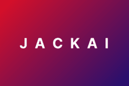 Jackai Agency Text Logo over a Red and Blue Gradient Background