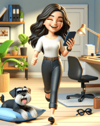 A for 3D cartoon illustration of a smiling brunette woman walking in her home office, joyfully using her iPhone. The scene includes various office items and a black mini schnauzer pet comfortably sitting in his pillow bed. The atmosphere radiates peace and happiness. Any text in the image should be in English, using a legible sans-serif font. The overall colors and style should be bright and vibrant. the Jackai Agency Blog Article #BoostBizReels- Revolutionize Organic Instagram Reel Views with ⁢Hashtags in 2023 for your subscription business