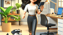 A for 3D cartoon illustration of a smiling brunette woman walking in her home office, joyfully using her iPhone. The scene includes various office items and a black mini schnauzer pet comfortably sitting in his pillow bed. The atmosphere radiates peace and happiness. Any text in the image should be in English, using a legible sans-serif font. The overall colors and style should be bright and vibrant. the Jackai Agency Blog Article #BoostBizReels- Revolutionize Organic Instagram Reel Views with ⁢Hashtags in 2023 for your subscription business