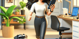 A for 3D cartoon illustration of a smiling brunette woman walking in her home office, joyfully using her iPhone. The scene includes various office items and a black mini schnauzer pet comfortably sitting in his pillow bed. The atmosphere radiates peace and happiness. Any text in the image should be in English, using a legible sans-serif font. The overall colors and style should be bright and vibrant. the Jackai Agency Blog Article #BoostBizReels- Revolutionize Organic Instagram Reel Views with ⁢Hashtags in 2023 for your subscription business