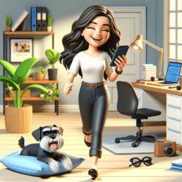 A for 3D cartoon illustration of a smiling brunette woman walking in her home office, joyfully using her iPhone. The scene includes various office items and a black mini schnauzer pet comfortably sitting in his pillow bed. The atmosphere radiates peace and happiness. Any text in the image should be in English, using a legible sans-serif font. The overall colors and style should be bright and vibrant. the Jackai Agency Blog Article #BoostBizReels- Revolutionize Organic Instagram Reel Views with ⁢Hashtags in 2023 for your subscription business