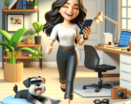 A for 3D cartoon illustration of a smiling brunette woman walking in her home office, joyfully using her iPhone. The scene includes various office items and a black mini schnauzer pet comfortably sitting in his pillow bed. The atmosphere radiates peace and happiness. Any text in the image should be in English, using a legible sans-serif font. The overall colors and style should be bright and vibrant. the Jackai Agency Blog Article #BoostBizReels- Revolutionize Organic Instagram Reel Views with ⁢Hashtags in 2023 for your subscription business