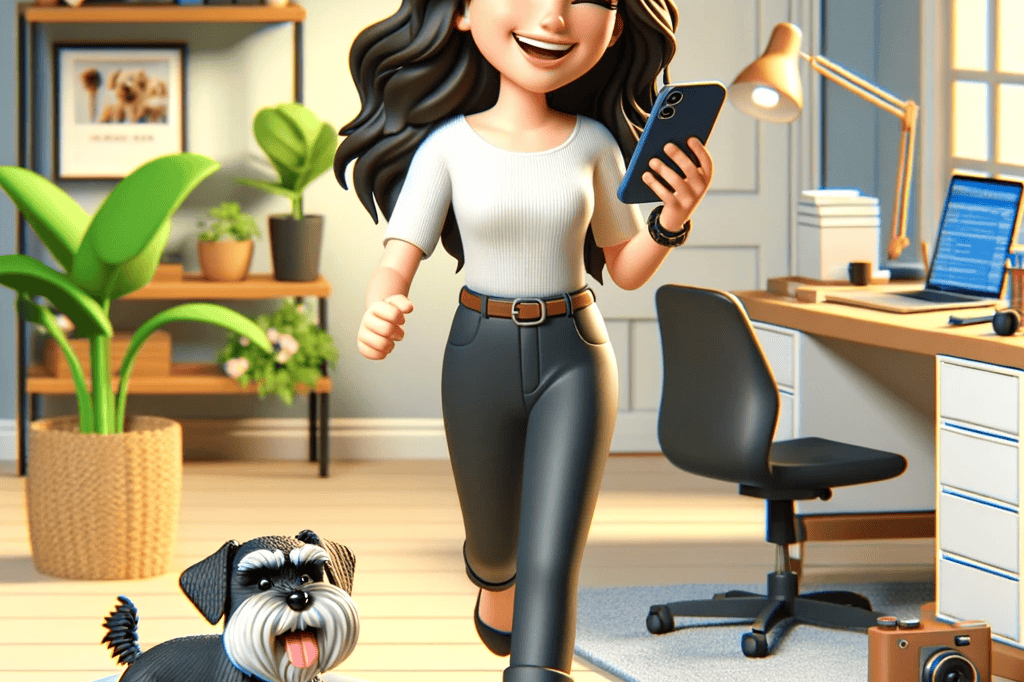 A for 3D cartoon illustration of a smiling brunette woman walking in her home office, joyfully using her iPhone. The scene includes various office items and a black mini schnauzer pet comfortably sitting in his pillow bed. The atmosphere radiates peace and happiness. Any text in the image should be in English, using a legible sans-serif font. The overall colors and style should be bright and vibrant. the Jackai Agency Blog Article #BoostBizReels- Revolutionize Organic Instagram Reel Views with ⁢Hashtags in 2023 for your subscription business
