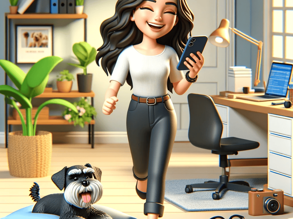 A for 3D cartoon illustration of a smiling brunette woman walking in her home office, joyfully using her iPhone. The scene includes various office items and a black mini schnauzer pet comfortably sitting in his pillow bed. The atmosphere radiates peace and happiness. Any text in the image should be in English, using a legible sans-serif font. The overall colors and style should be bright and vibrant. the Jackai Agency Blog Article #BoostBizReels- Revolutionize Organic Instagram Reel Views with ⁢Hashtags in 2023 for your subscription business