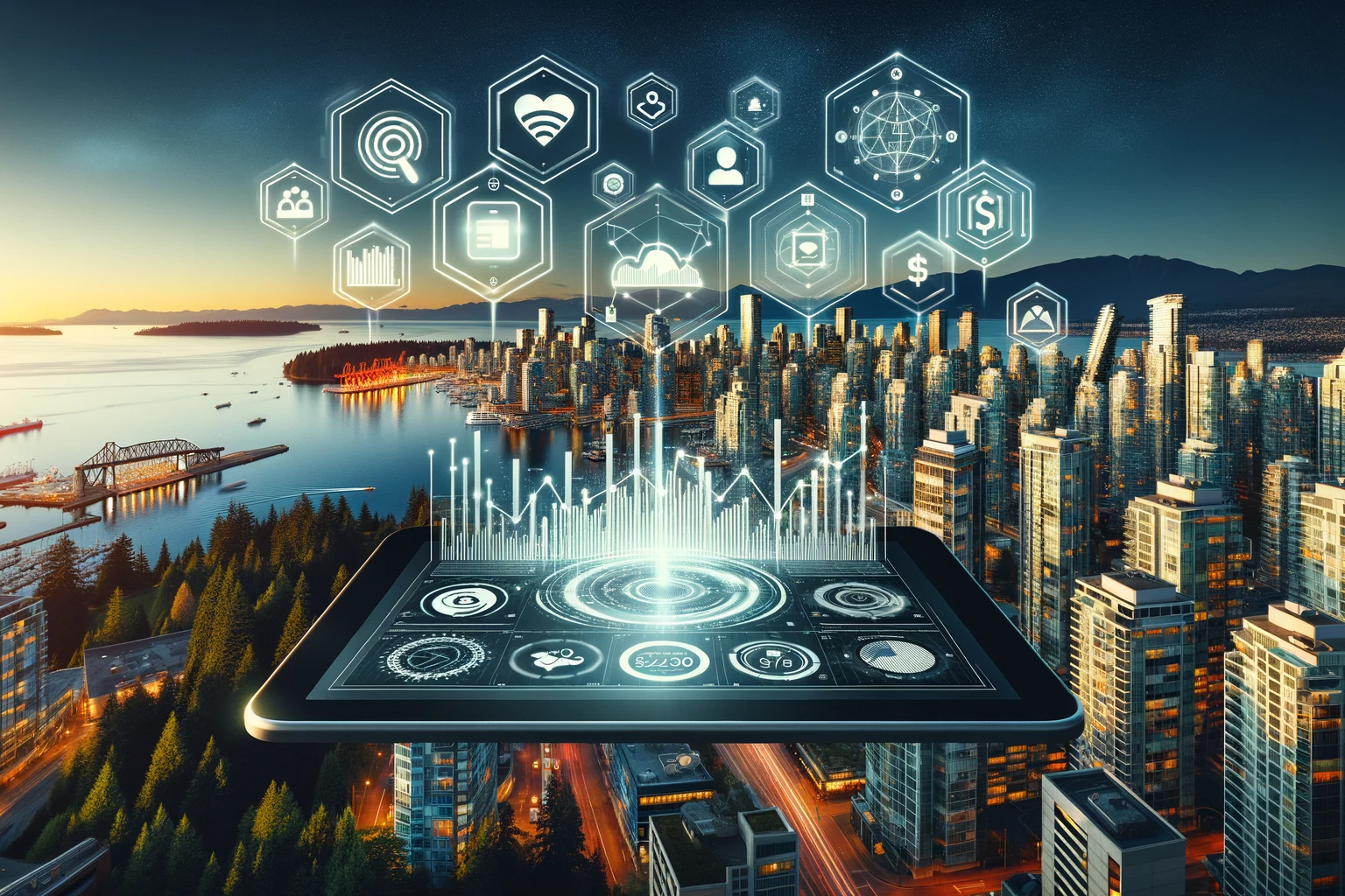 Downtown Vancouver, British Columbia digital marketing agency for subscription businesses 1 skyscrapers and surrounding nature uai