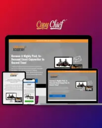 Professional landing page design showcase displaying Copy Chief Email Copy Academy website across multiple devices including desktop, tablet, and mobile, featuring responsive design and high-converting layout against gradient background