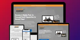 Professional landing page design showcase displaying Copy Chief Email Copy Academy website across multiple devices including desktop, tablet, and mobile, featuring responsive design and high-converting layout against gradient background