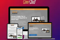 Professional landing page design showcase displaying Copy Chief Email Copy Academy website across multiple devices including desktop, tablet, and mobile, featuring responsive design and high-converting layout against gradient background