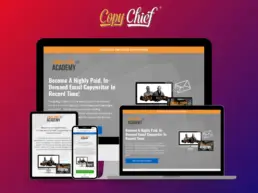 Professional landing page design showcase displaying Copy Chief Email Copy Academy website across multiple devices including desktop, tablet, and mobile, featuring responsive design and high-converting layout against gradient background