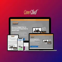 Professional landing page design showcase displaying Copy Chief Email Copy Academy website across multiple devices including desktop, tablet, and mobile, featuring responsive design and high-converting layout against gradient background