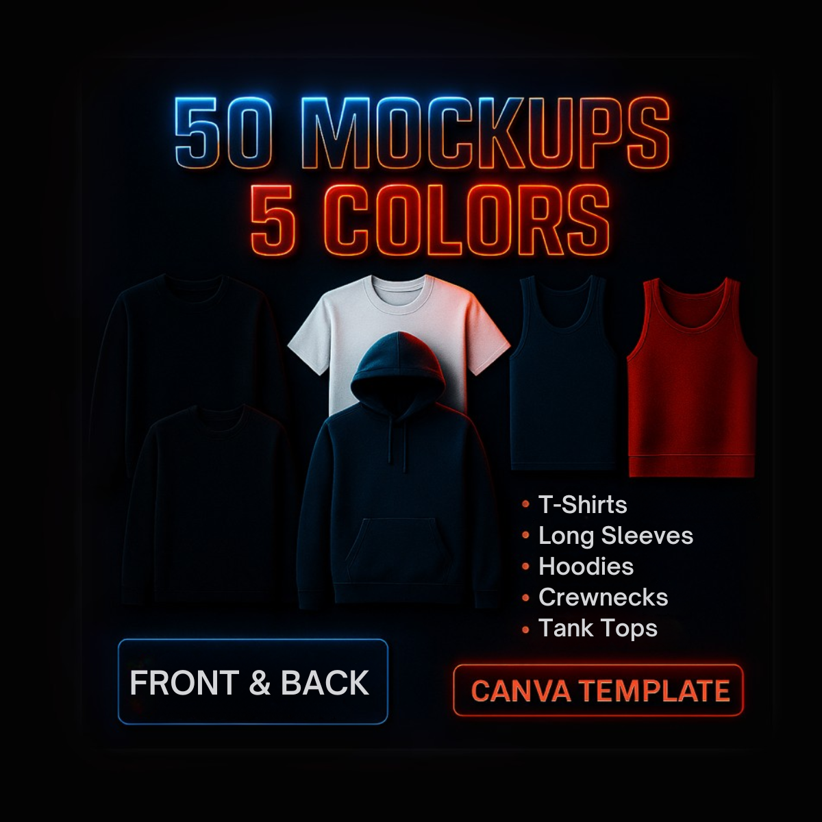 50 Premium T-Shirt Hoodie Crewneck Tank Top Clothing Mockup Templates – Complete 5-Color Canva Bundle