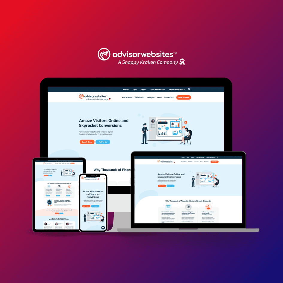 Advisor Websites landing page redesign shown on desktop, tablet and mobile