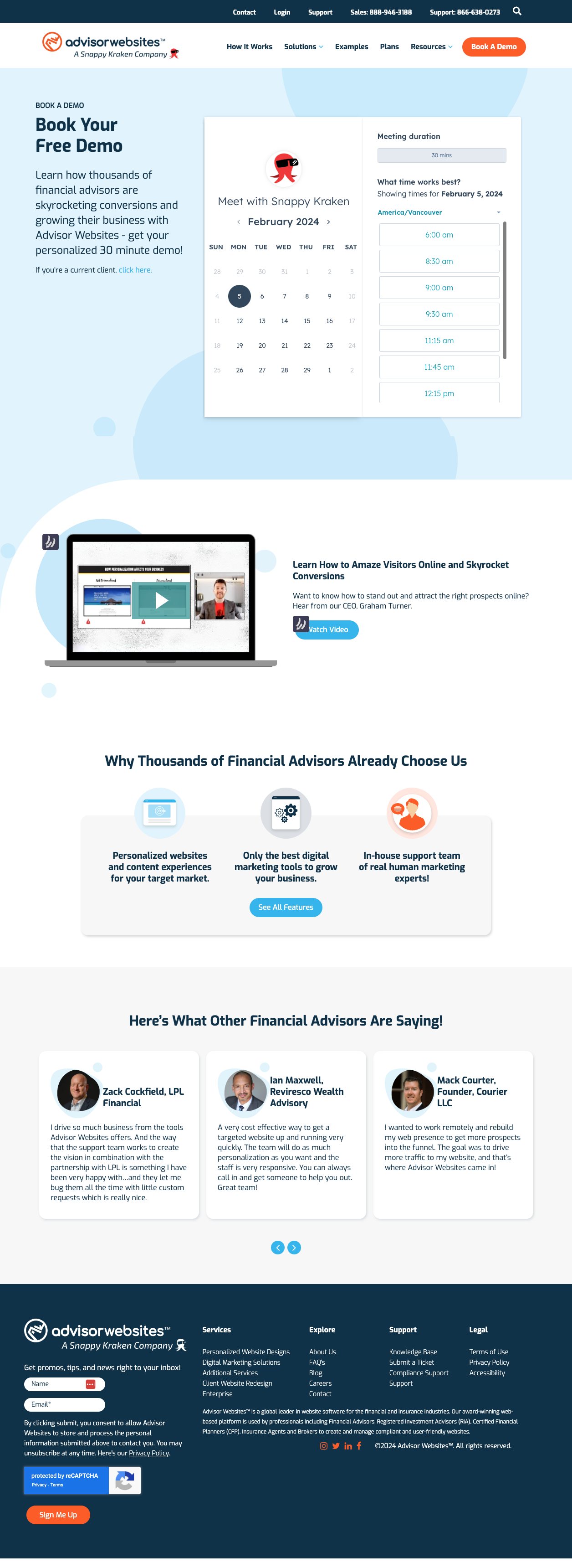 Advisor Websites UI/UX Redesign — B2B Landing Page Design for Financial Professionals 4 Advisor Websites Book a Demo page, after the redesign, full page capture