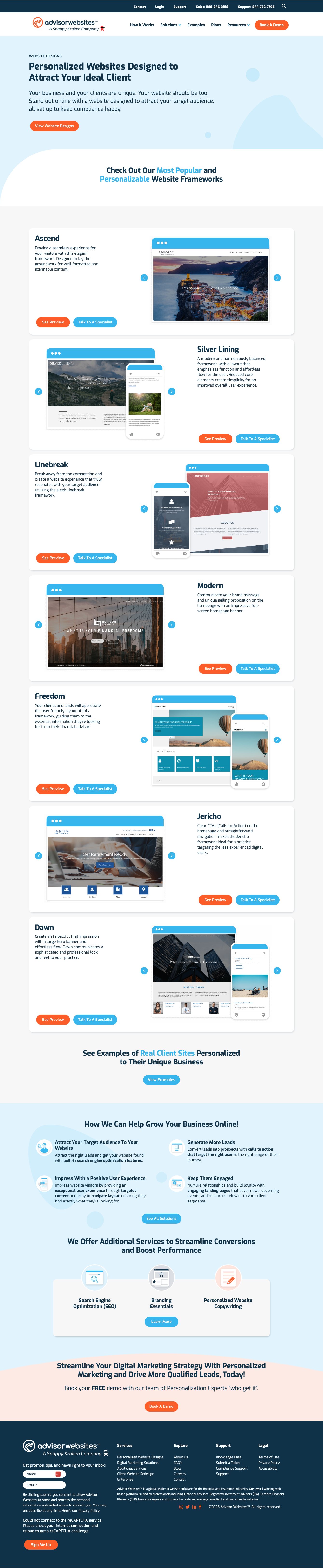 Advisor Websites UI/UX Redesign — B2B Landing Page Design for Financial Professionals 6 Advisor Websites Personalized Website Design page, after the redesign, full page capture