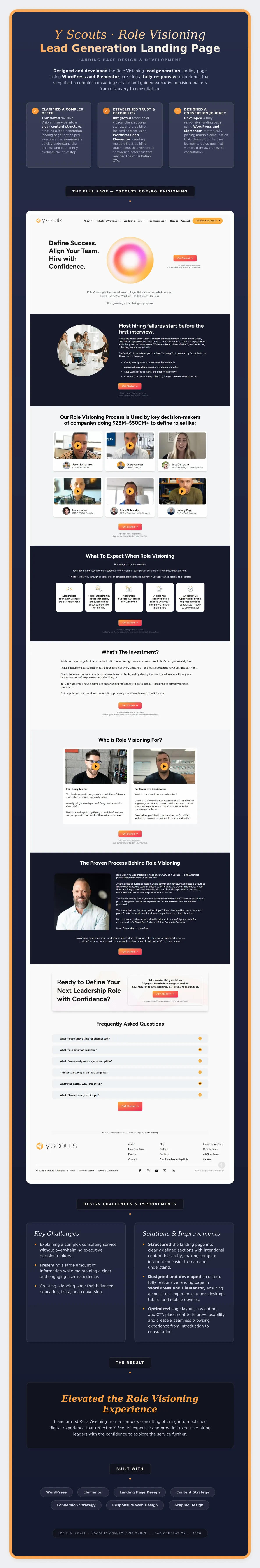 After: the Role Visioning landing page for the AI hiring tool, structured from the hiring problem through the mechanism to the free offer.