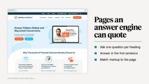 Advisor Websites replay page with the headline Pages an answer engine can quote and 3 answer engine optimization rules