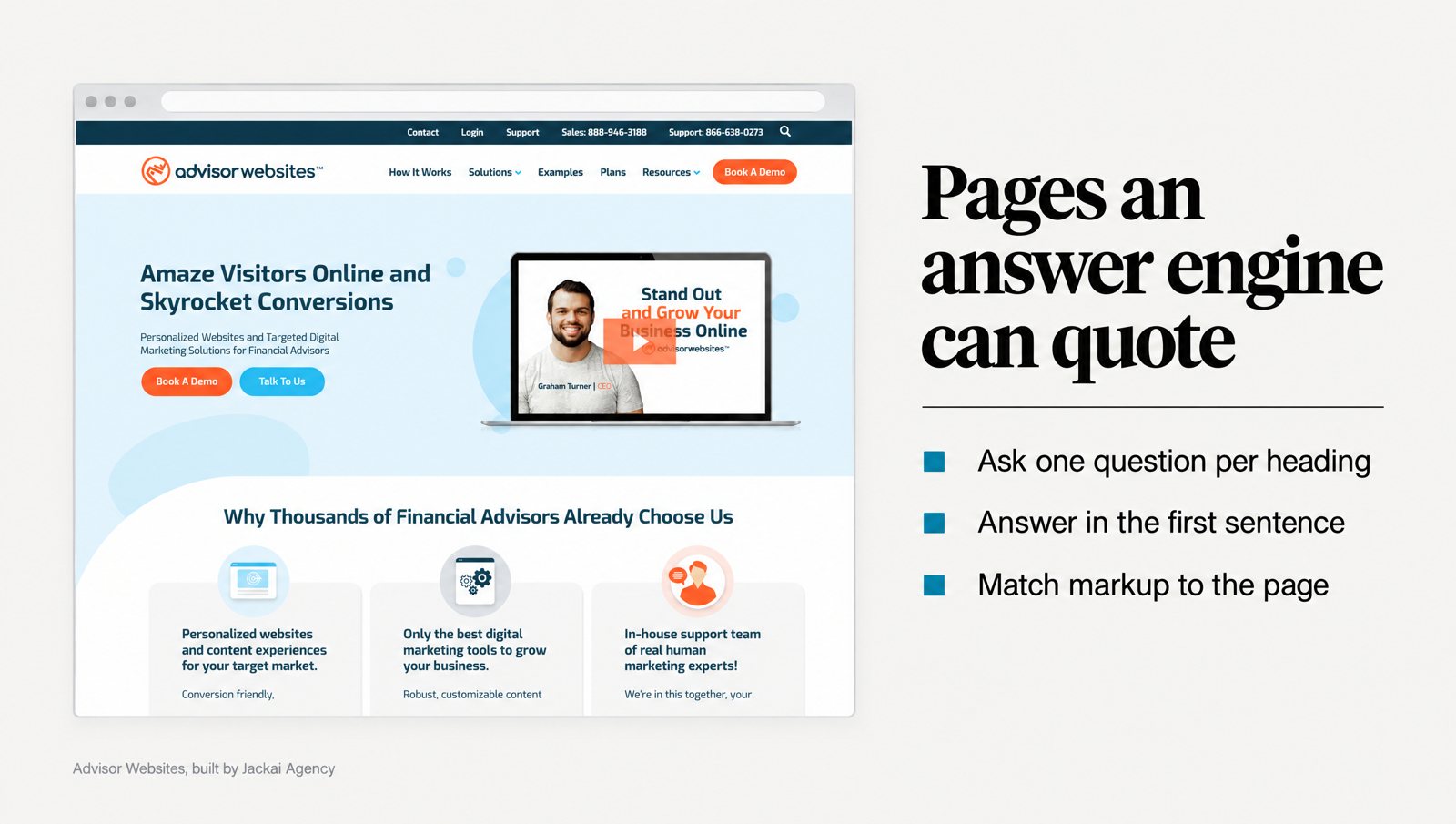 Answer Engine Optimization: How to Write Pages AI Can Quote 1 Advisor Websites replay page with the headline Pages an answer engine can quote and 3 answer engine optimization rules