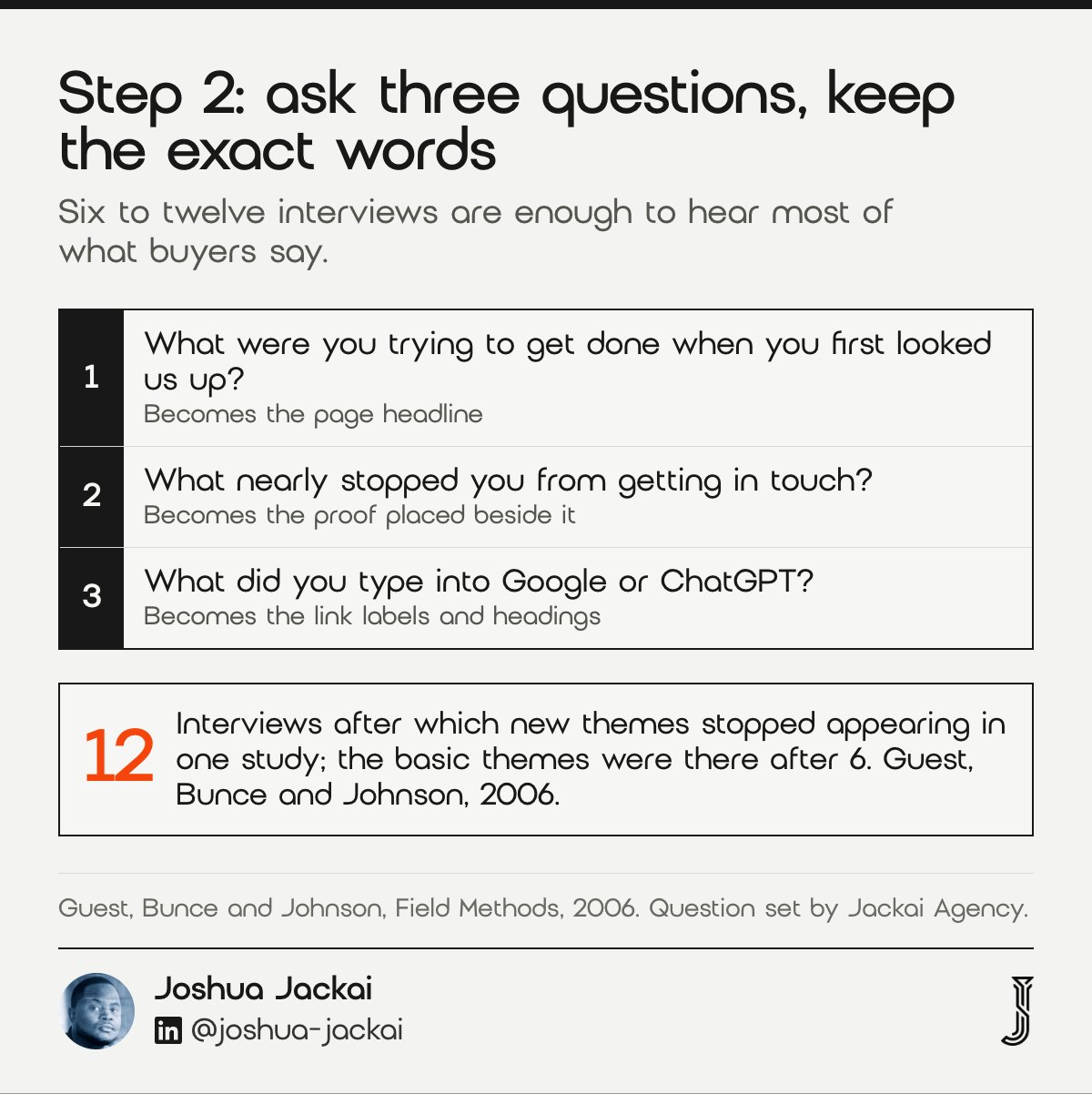 7 B2B Website Redesign Steps: 2026 Field Guide 3 Three interview questions for a B2B website redesign: what were you trying to get done, what nearly stopped you, what did you type into Google or ChatGPT. New themes stopped appearing within 12 interviews in one study (Guest, Bunce and Johnson, 2006).