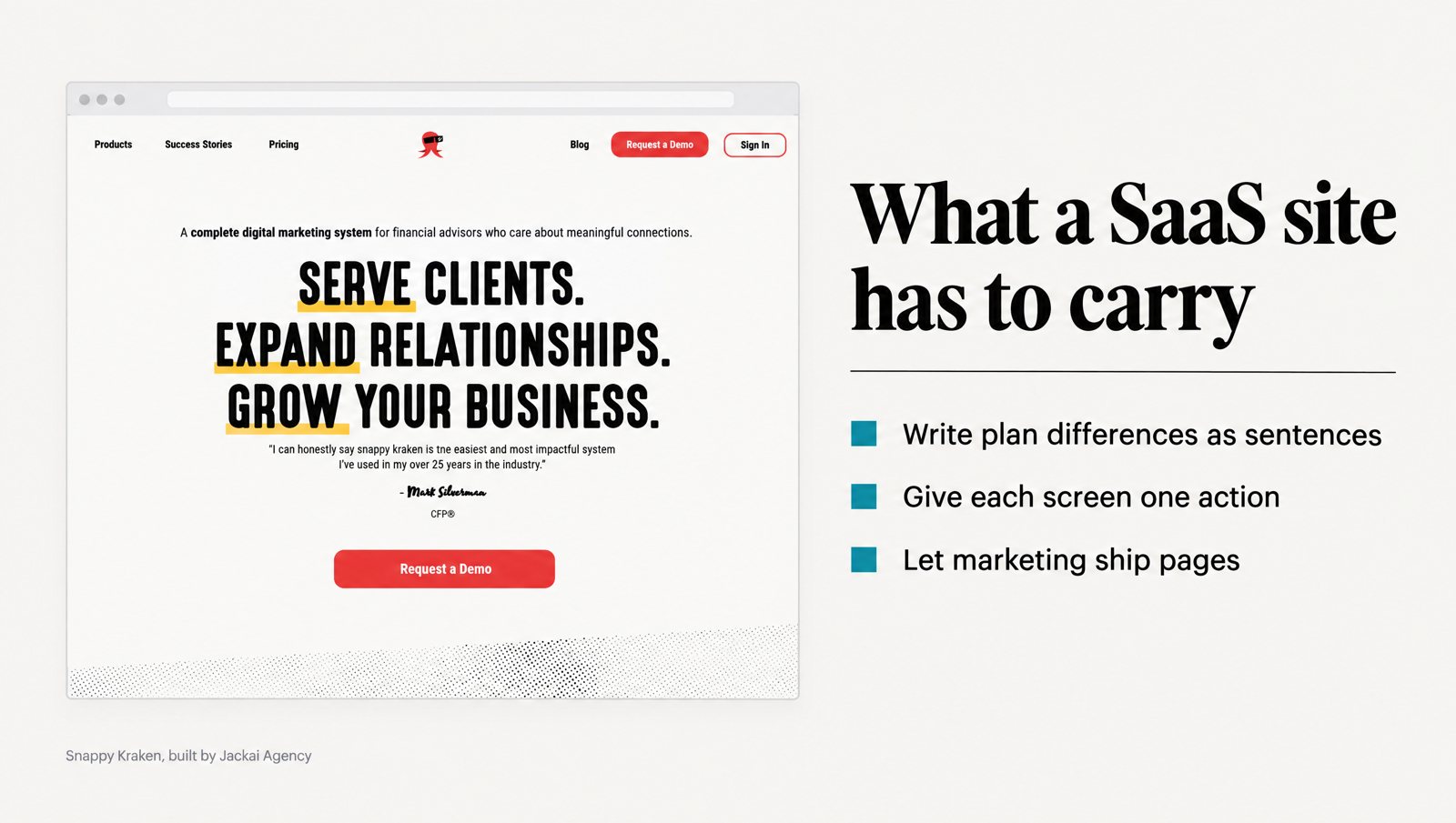 B2B SaaS website design example: Snappy Kraken pricing page rebuilt with plan differences written as sentences
