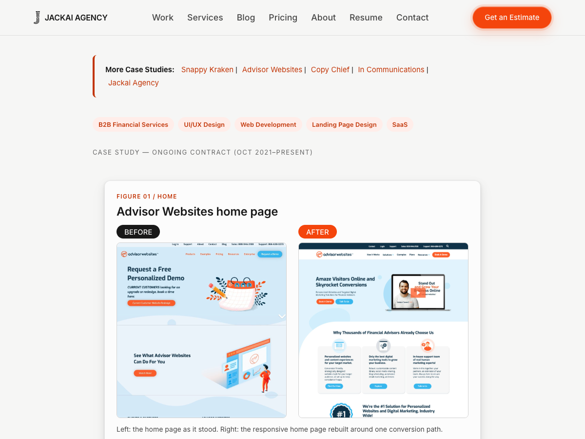 Screenshot of the Advisor Websites case study page on joshuajackai.com showing the UI and UX redesign results