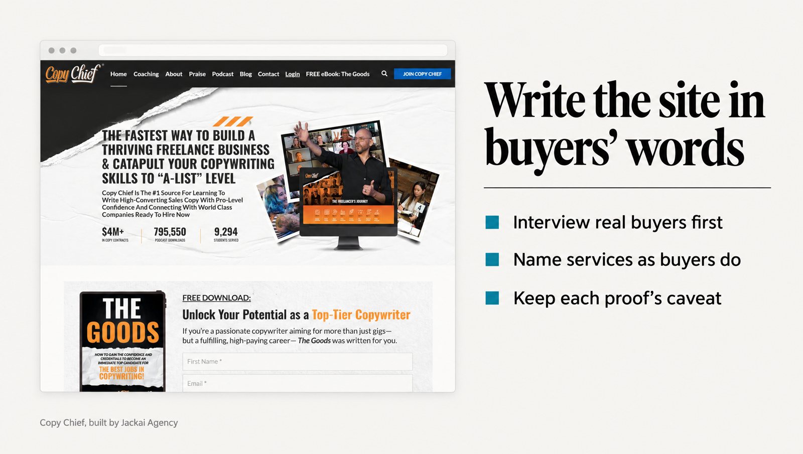 Copy Chief funnel page beside notes on B2B website copywriting from customer research