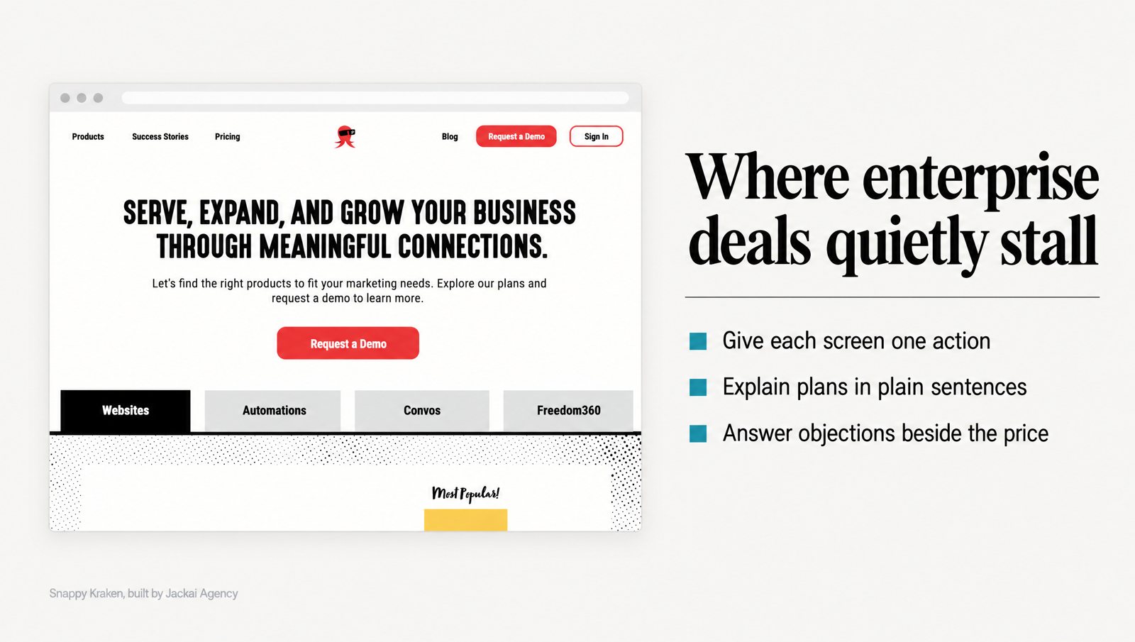 B2B Website Design Mistakes That Cost Enterprise Deals 1 Snappy Kraken pricing page before the redesign, a 3-column feature table that shows b2b website design mistakes