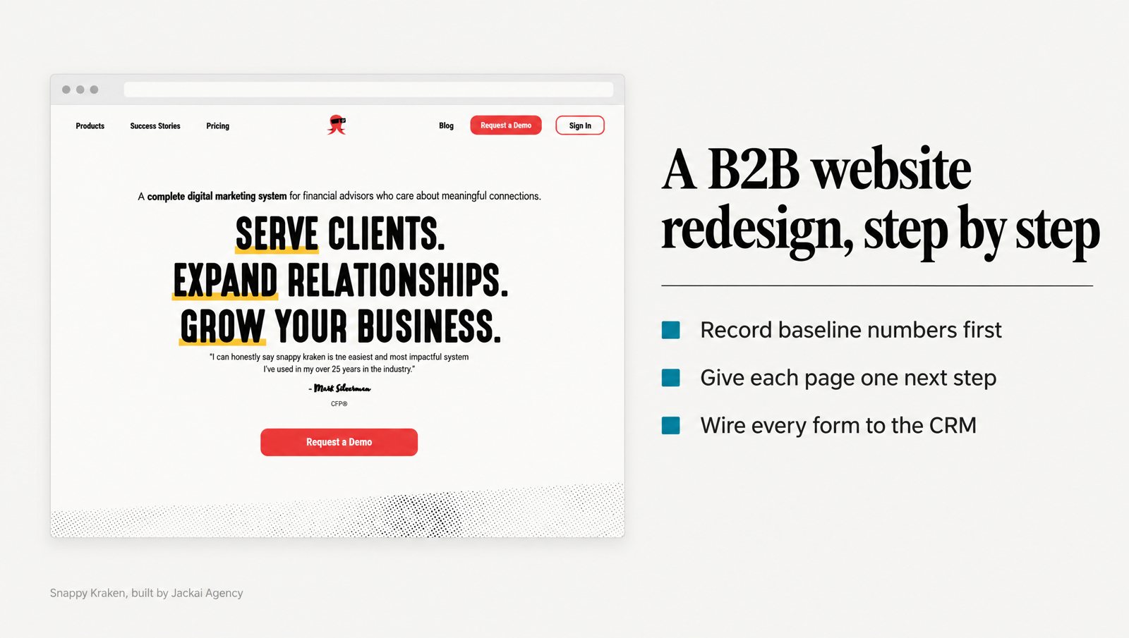 B2B Website Redesign: A Step-by-Step Guide to Qualified Leads 1 B2B website redesign guide graphic over the Snappy Kraken homepage rebuilt on HubSpot CMS