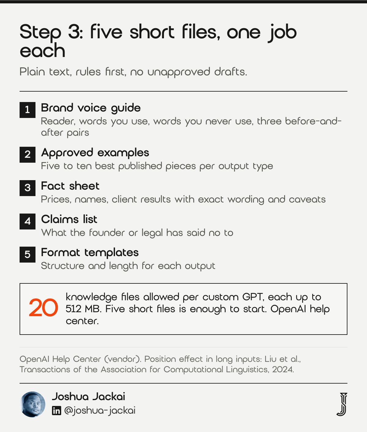 7 Custom GPT for Marketing Steps: Complete 2026 Guide 5 Five short files for a custom GPT for marketing: voice guide, approved examples, fact sheet, claims list, format templates. OpenAI allows 20 knowledge files up to 512 MB each.