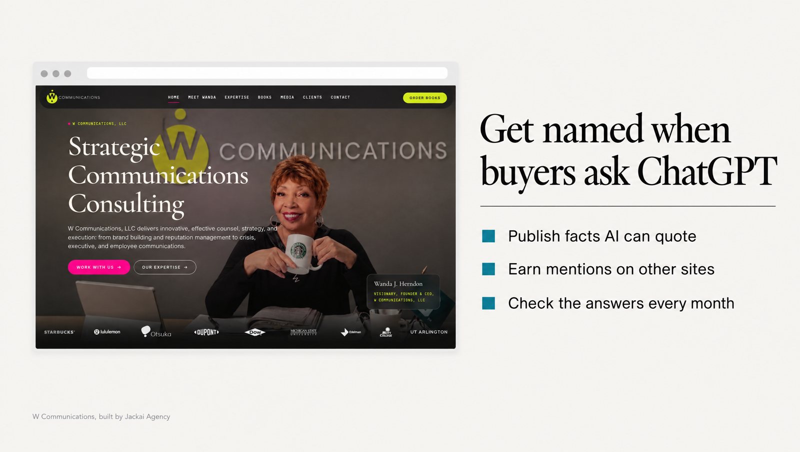 How Does a Service Business Get Recommended by ChatGPT? 1 W Communications homepage graphic on getting recommended by ChatGPT, showing the facts AI assistants can quote