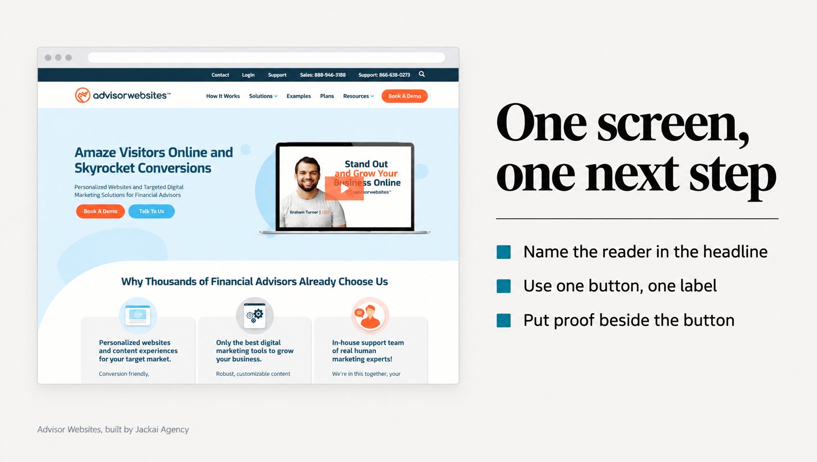 Advisor Websites homepage before and after, a hero section design rebuilt around one primary action