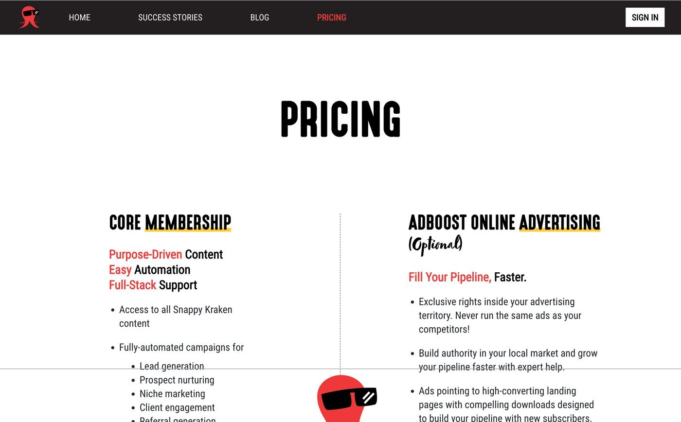B2B Website Design Mistakes That Cost Enterprise Deals 2 the Snappy Kraken pricing page, with every tier and row competing on one screen