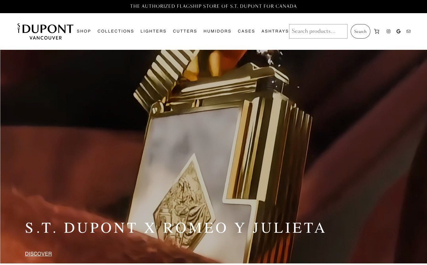 How Do You Redesign a Website Without Losing SEO? 2 The S.T. Dupont Vancouver homepage on WordPress and WooCommerce, with the authorized-dealer line in the top bar