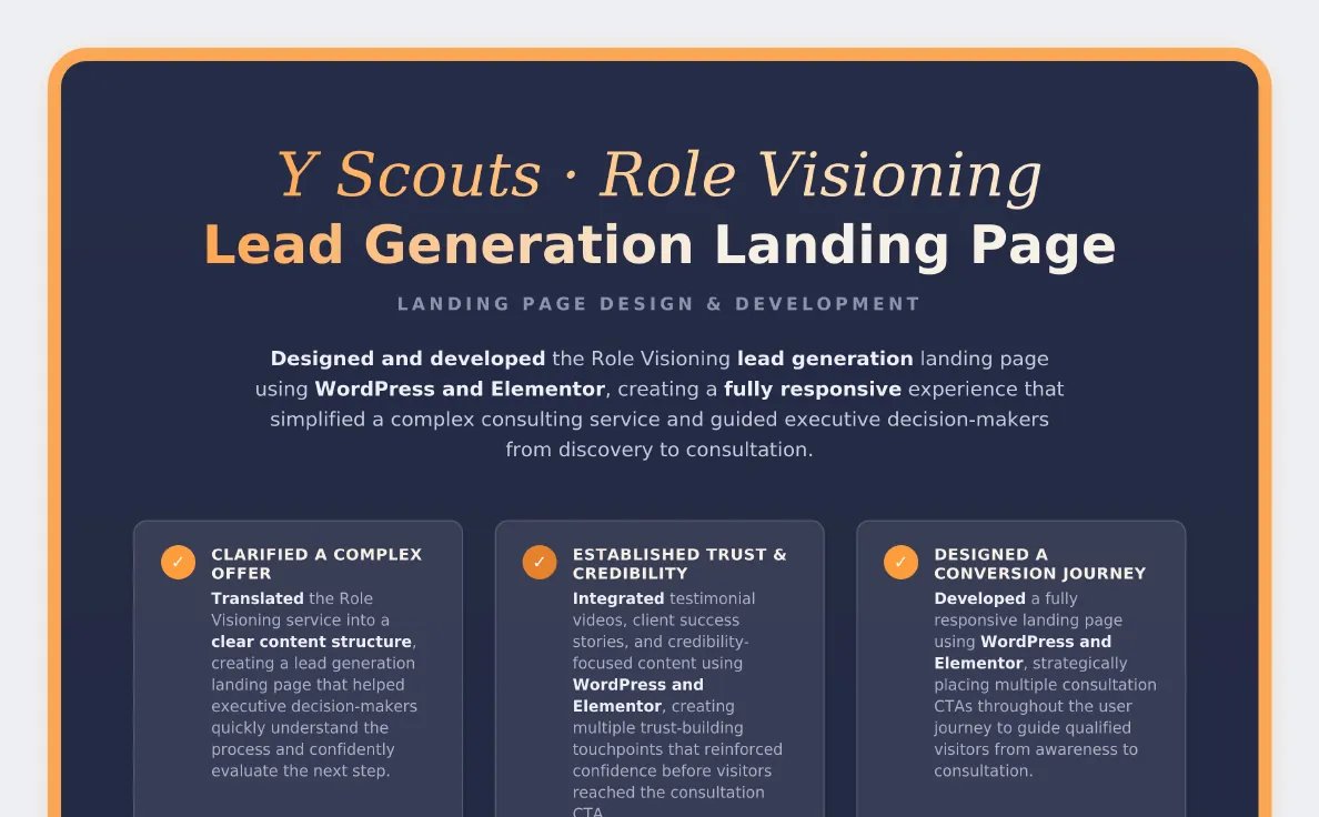 How Do You Measure Website ROI for a B2B Firm? 3 The Y Scouts Role Visioning lead-capture page, from my case study