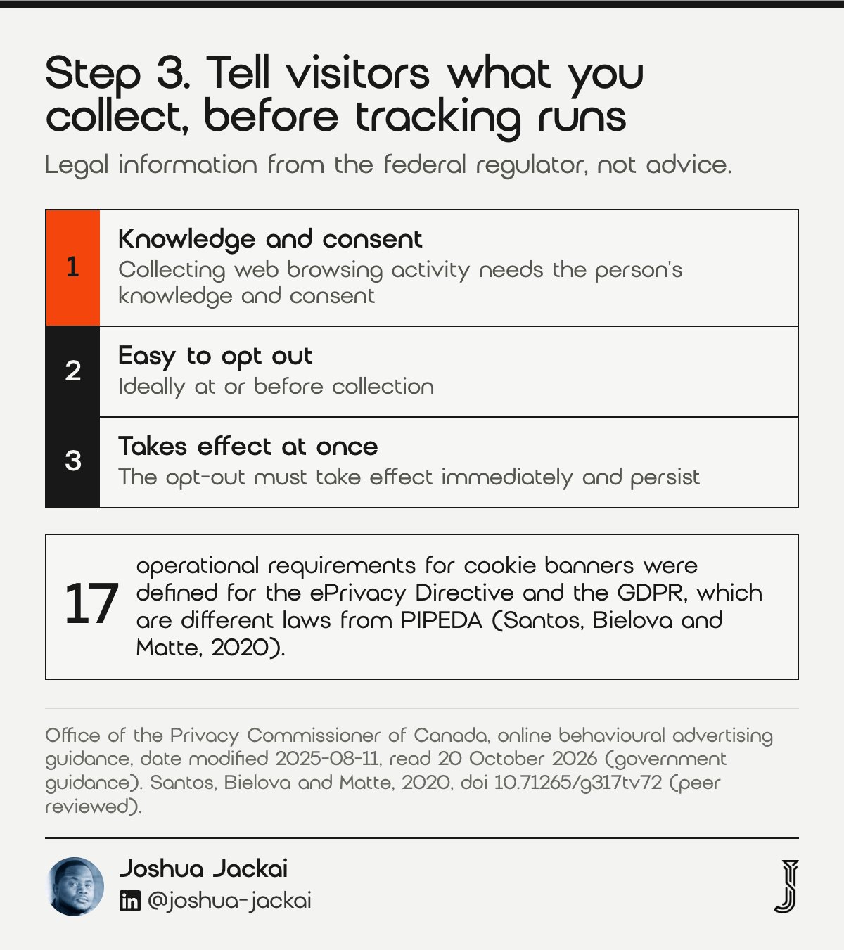 7 Website Lead Tracking Steps for Canada: 2026 Field Guide 3 Step 3 guide: the Canadian privacy regulator says web browsing activity needs knowledge and consent, an easy opt-out ideally at or before collection, and an opt-out that takes effect immediately. Santos and colleagues (2020) defined 17 operational requirements for cookie banners under European law.