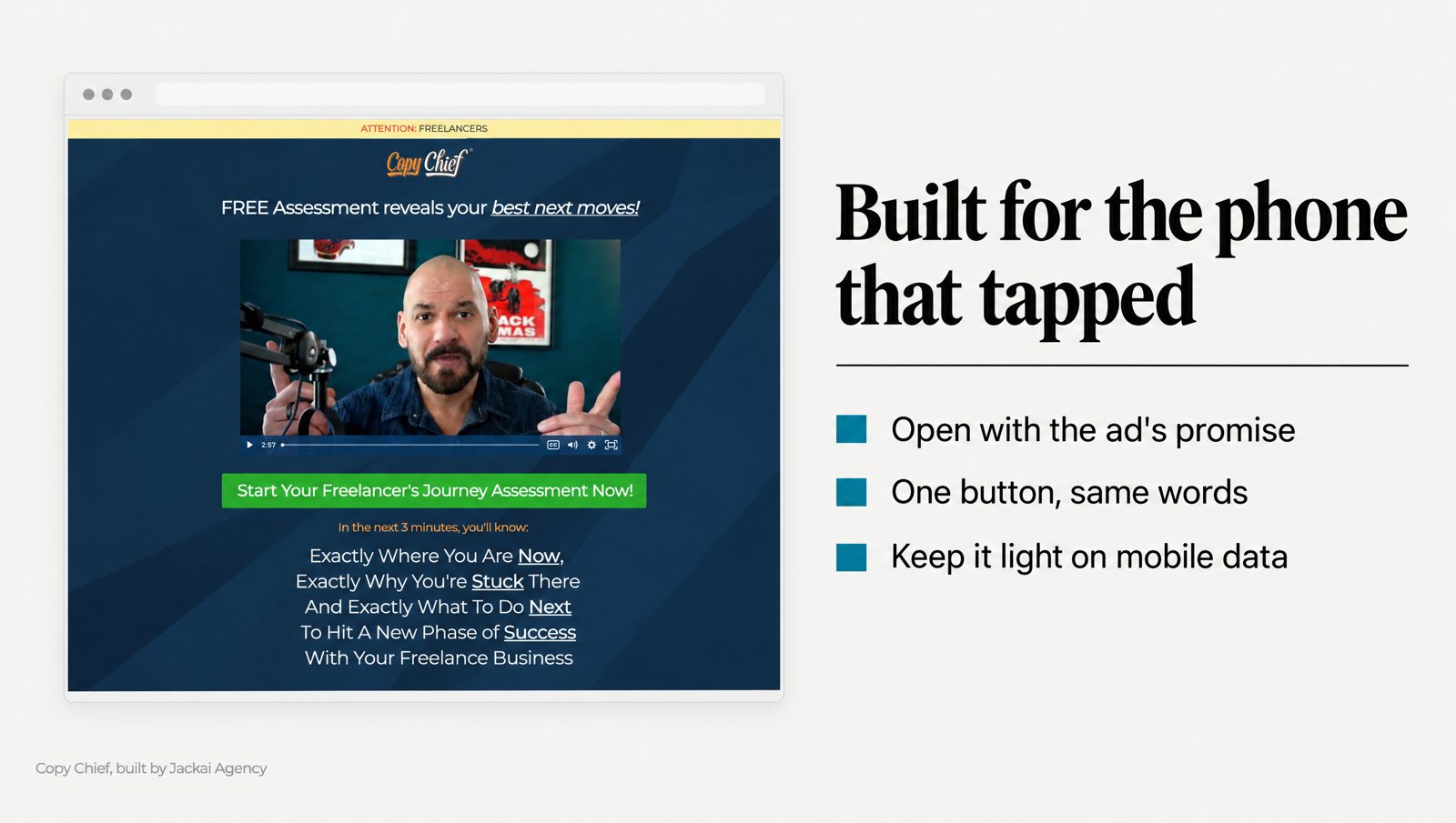 How Do You Build a Meta Ads Landing Page That Converts? 1 Copy Chief funnel screenshot of a Meta ads landing page built mobile-first, opening with the ad's promise and one button