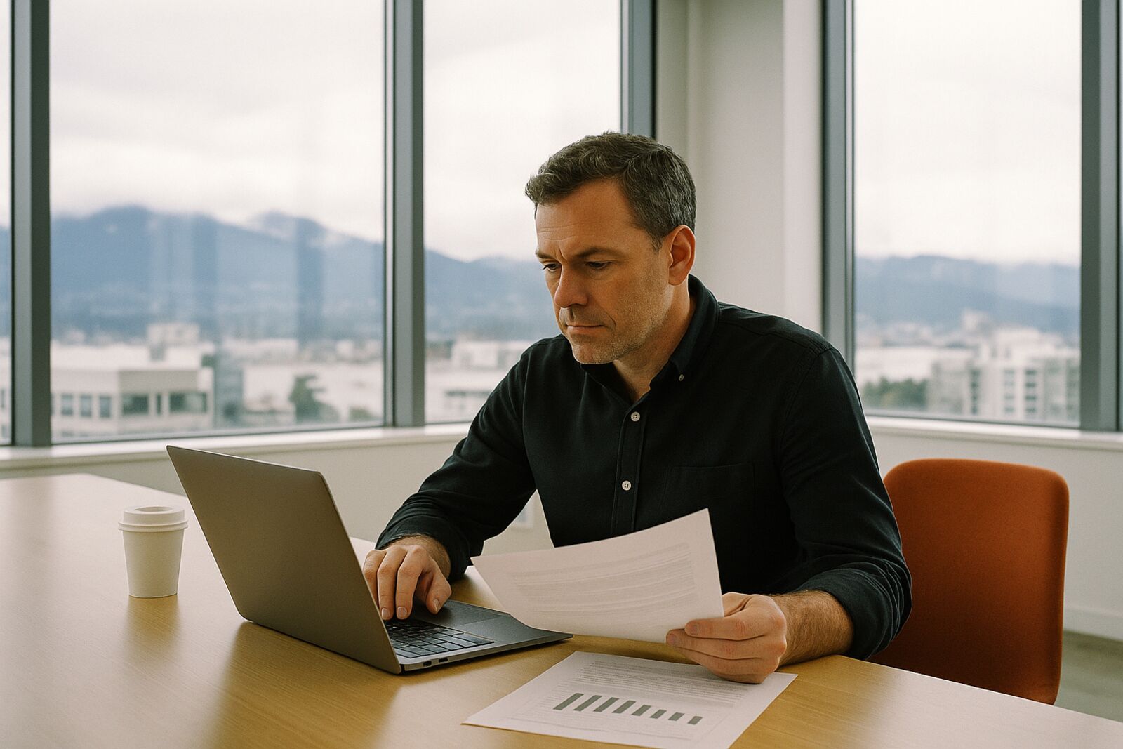 Illustrative photo: a marketing lead in a Vancouver office reviewing a one-page report