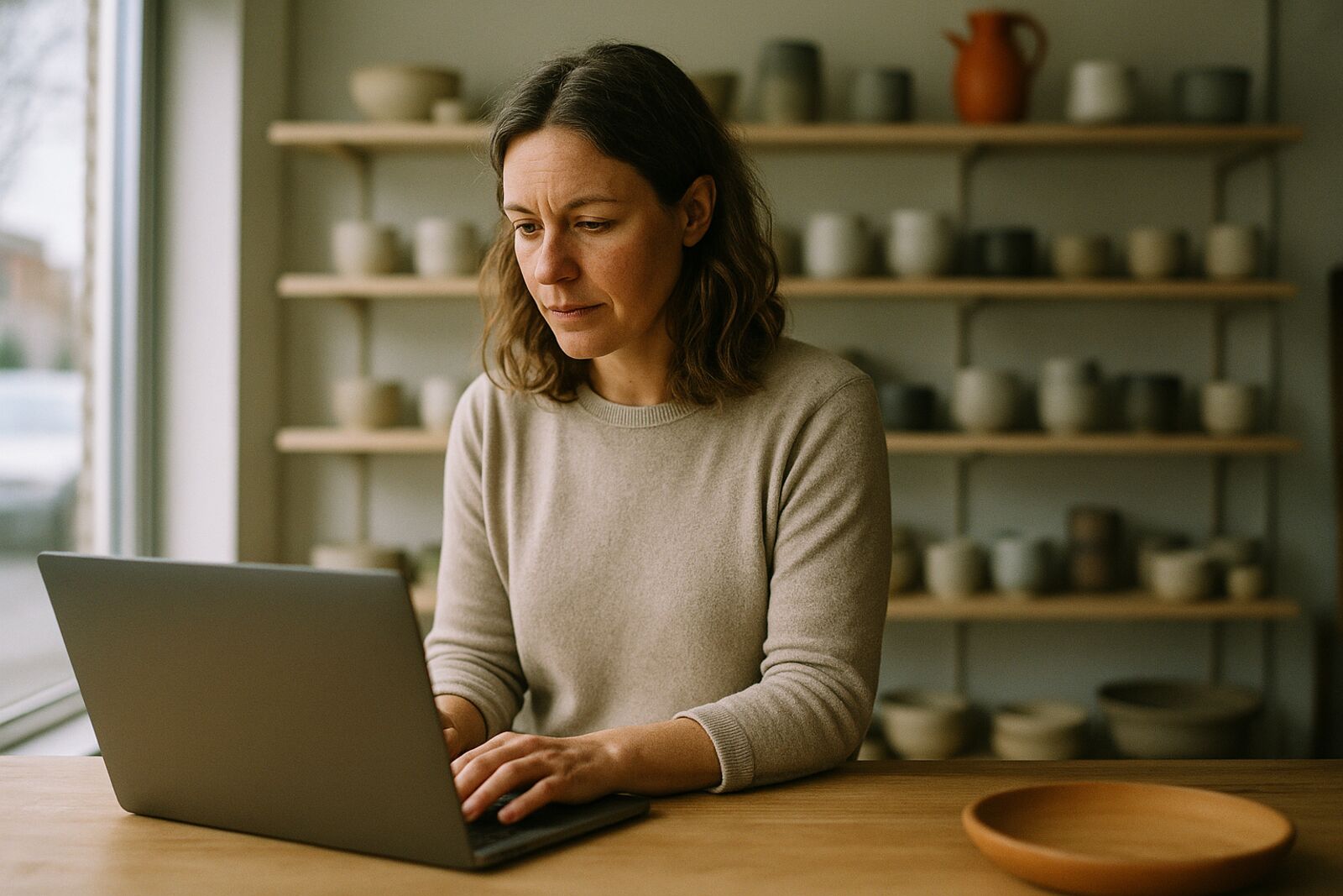 Illustrative photo: a shop owner in Vancouver reviewing her website on a laptop