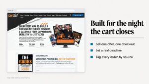 Graphic of the Copy Chief sales page on desktop and phone, a product launch landing page with one offer and one checkout