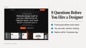 Checklist graphic of 8 questions to ask a web designer, shown over the Jackai Agency website