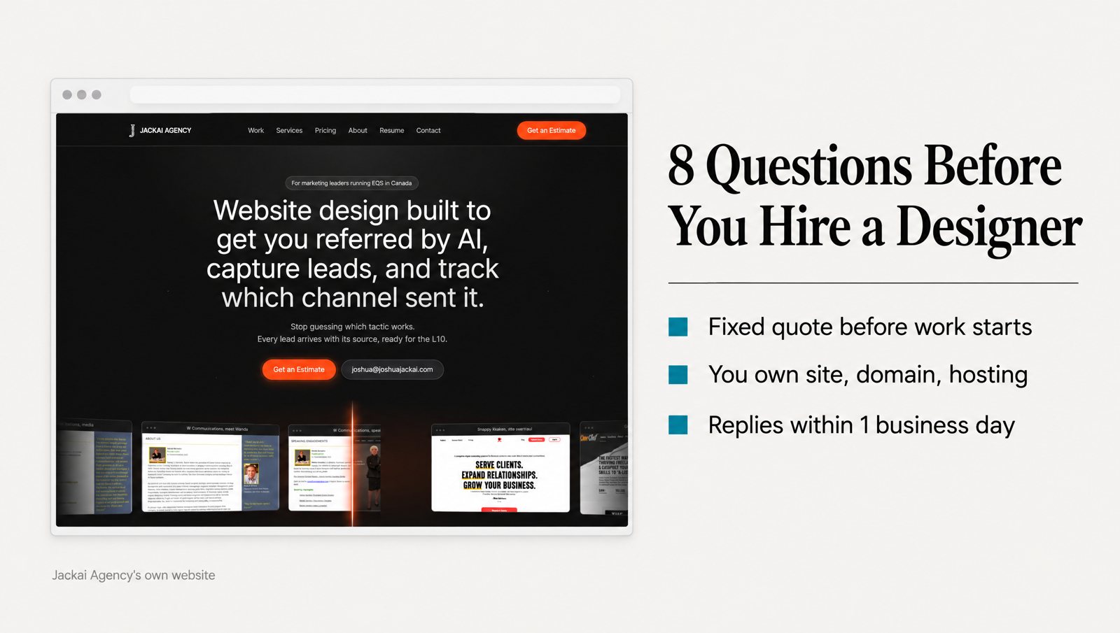 Questions to Ask a Web Designer Before You Sign Anything 1 Checklist graphic of 8 questions to ask a web designer, shown over the Jackai Agency website