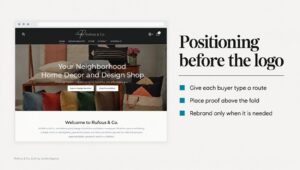 Rebrand to move upmarket graphic: Rufous & Co homepage with separate routes for hiring the studio and buying from the store