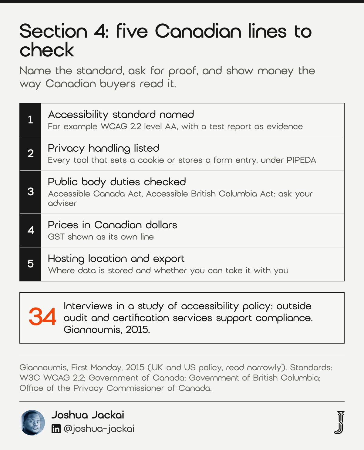 Five Canadian lines for a website redesign RFP: accessibility standard, privacy handling, public body duties, prices in Canadian dollars with GST, hosting location. A study of 34 interviews found outside audit and certification services support accessibility compliance (Giannoumis, 2015).
