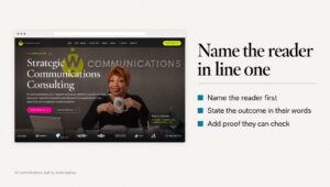 W Communications homepage before and after: the website headline and first screen rebuilt to name each audience