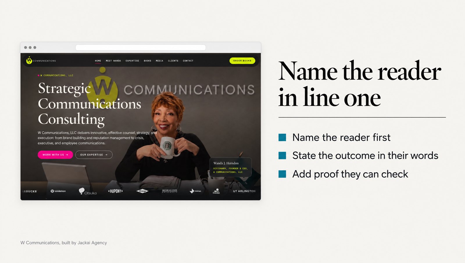 How Do You Write a Website Headline That B2B Buyers Trust? 1 W Communications homepage before and after: the website headline and first screen rebuilt to name each audience