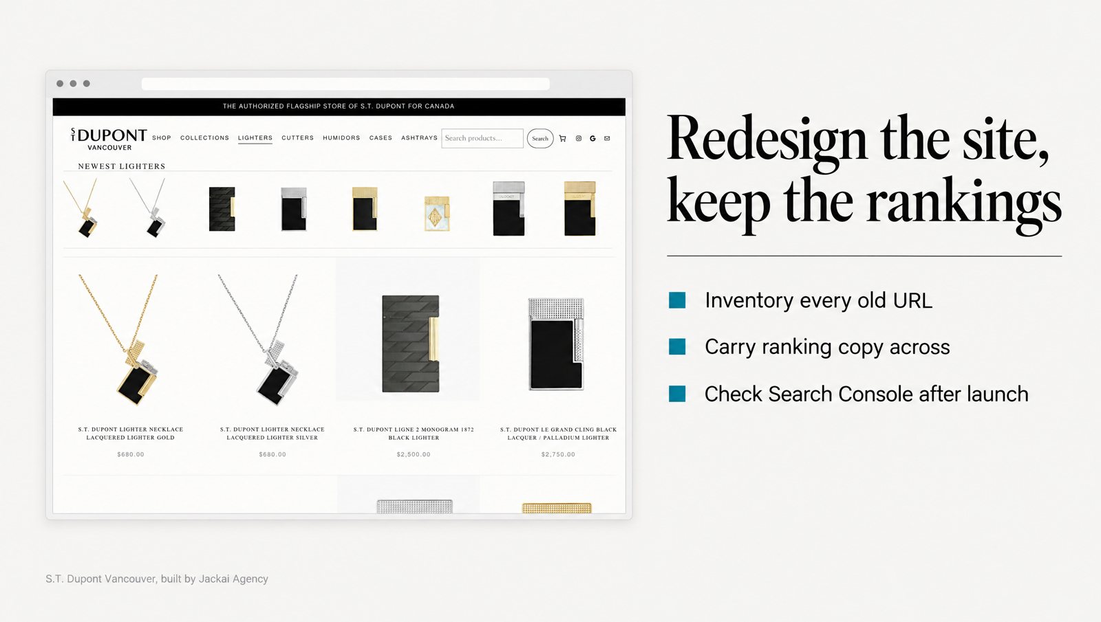 How Do You Redesign a Website Without Losing SEO? 1 Website redesign SEO graphic on the S.T. Dupont Vancouver shop: URL inventory, redirect map and launch checks
